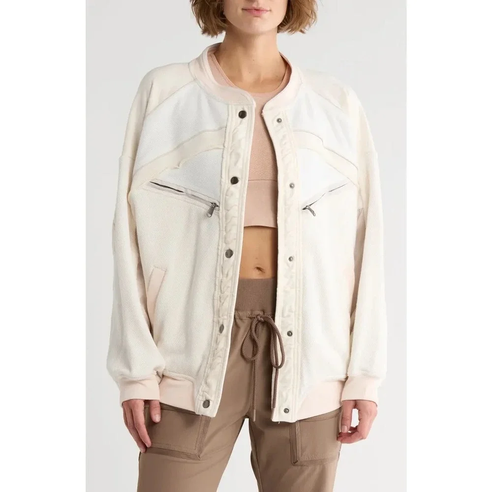 Free People Movement Mixed Media Bomber Jacket Cream Ivory Paneled Women L